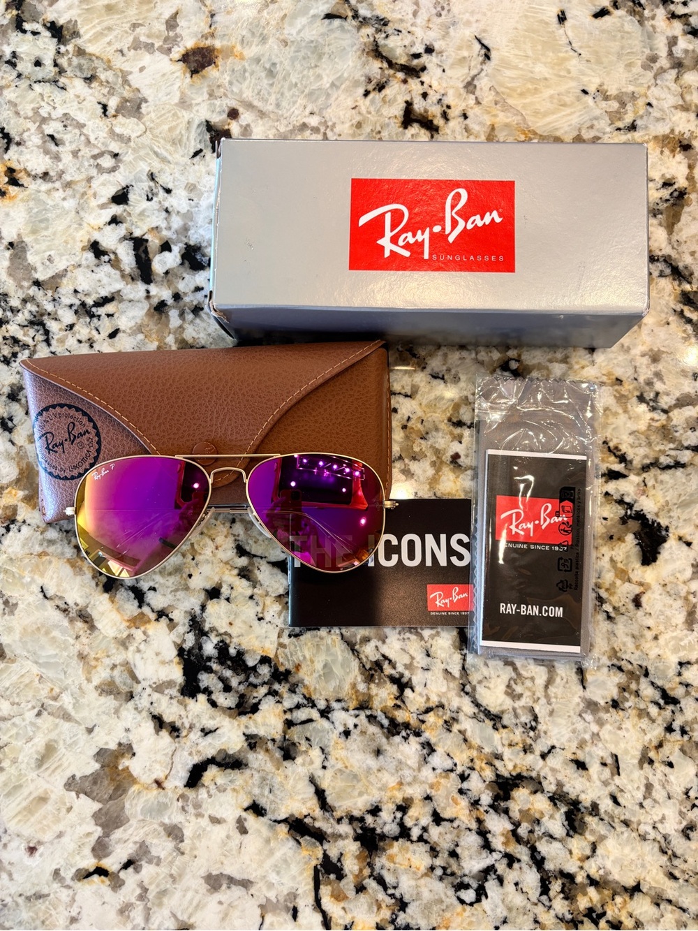 Ray-Ban Gold Frame Aviator Sunglasses with Purple-Pink Mirror Lenses - Picture 2 of 4